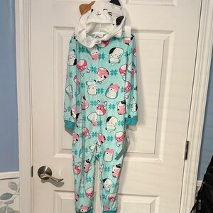 NWT Squishmallows Mint Footie Pajamas with Cat Hood and Ice Cream Penguin Print